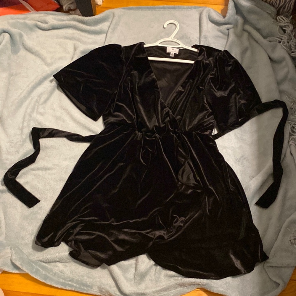 Black velvet flutter sleeve dress